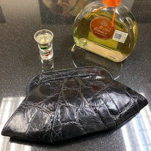 Lauren Merkin Black Croc Embossed Leather Clutch